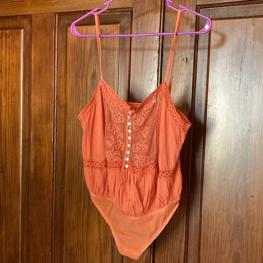 Free People Still The One Lace Trim Coral Adjustable Strap Thong Bodysuit Size M